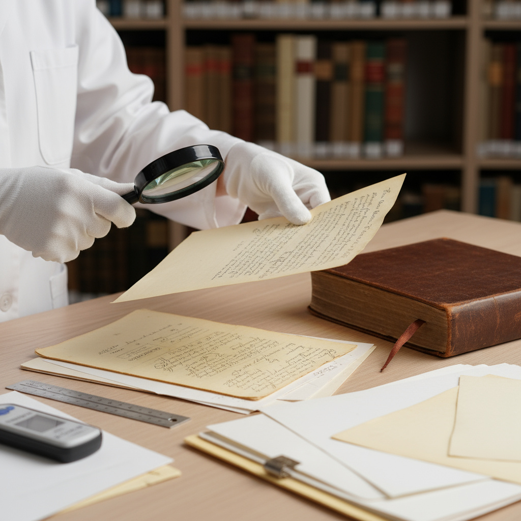 Hands examining archival documents on a table