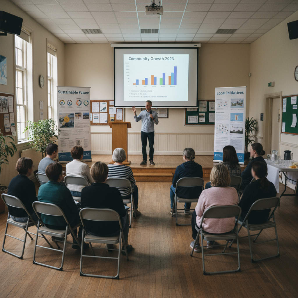 Lecturer presenting to a small audience in a community hall